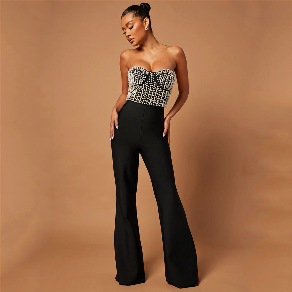 Sexy Pearl Tube Top Elegant Slim Bootcut Pants Bandage Jumpsuit