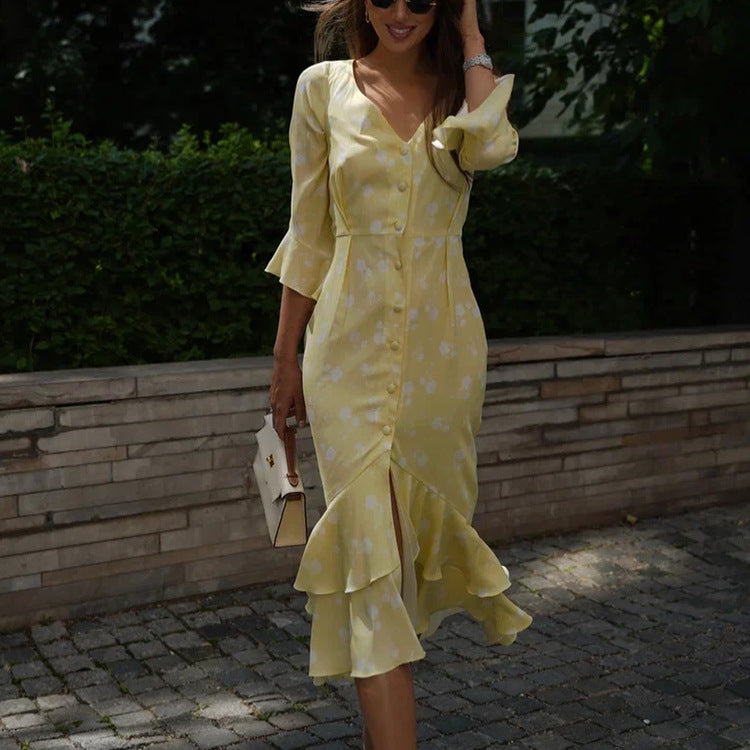 French Asymmetric Design V neck Flared Sleeves Floral Elegant High Waist Dress Women