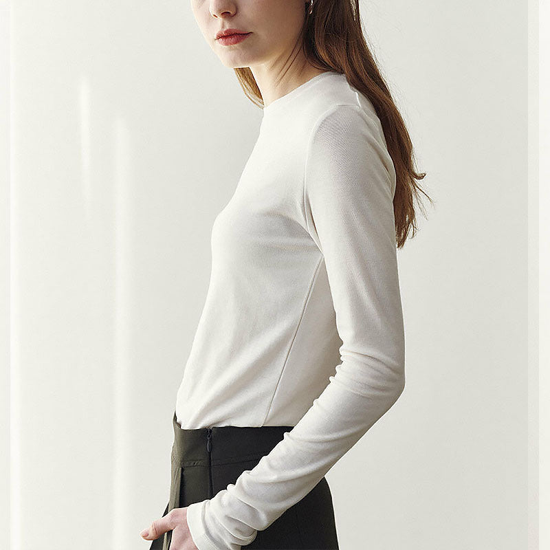 Long Sleeve Round Neck T shirt Fall Women Clothing Bamboo Fiber Blended High Elastic Slim Fitting Basic T shirt Bottoming Shirt