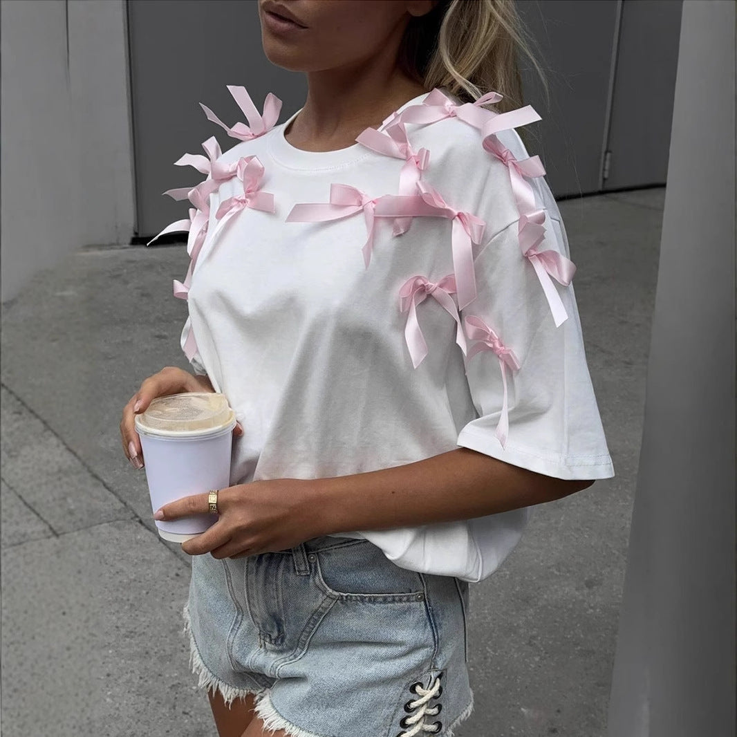 Cute Girl Ribbon Bow Loose Short Sleeve T shirt Loose Cotton Casual Top