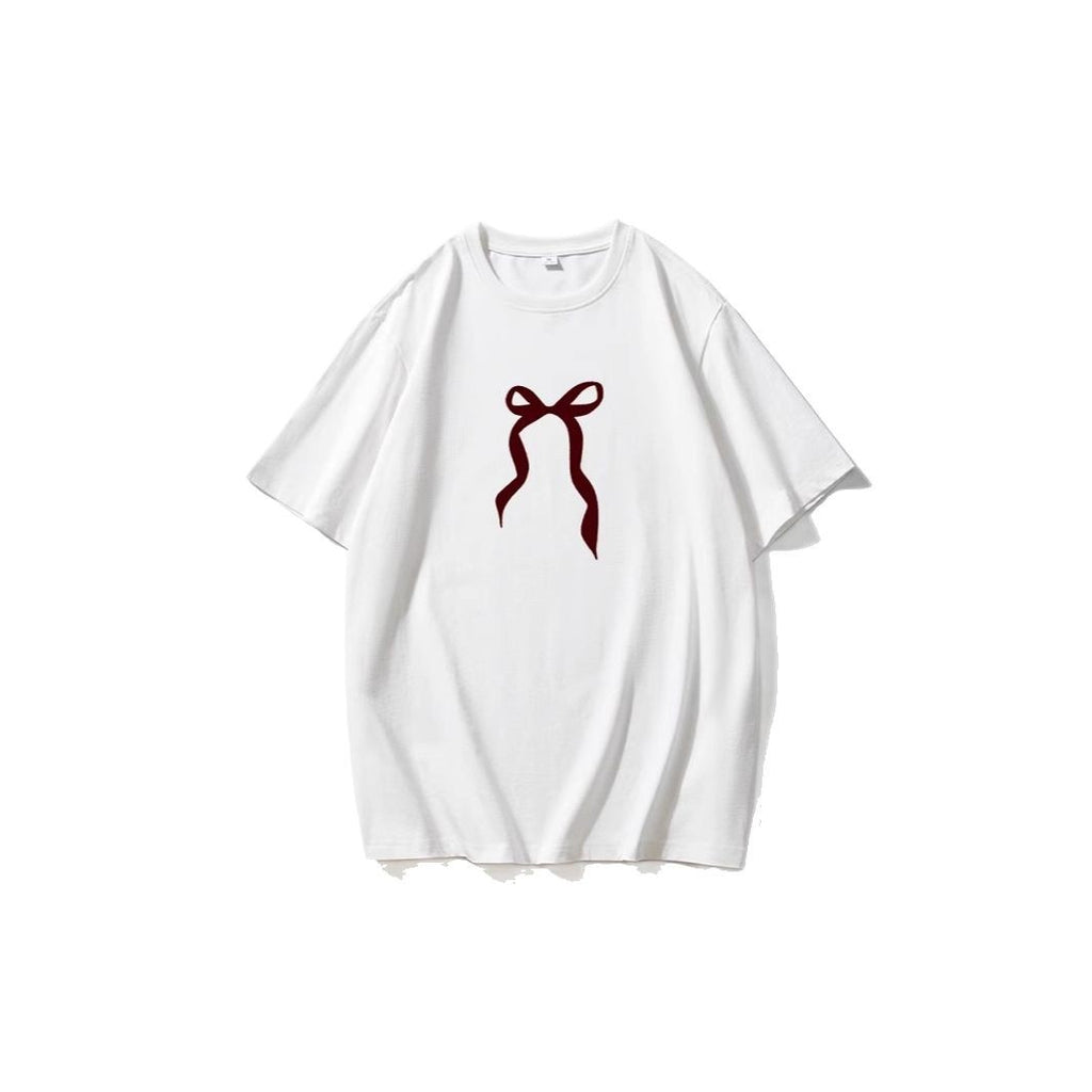 Retro Simplicity Bowknot Printed T shirt Women Summer Loose round Neck Cotton Short Sleeve