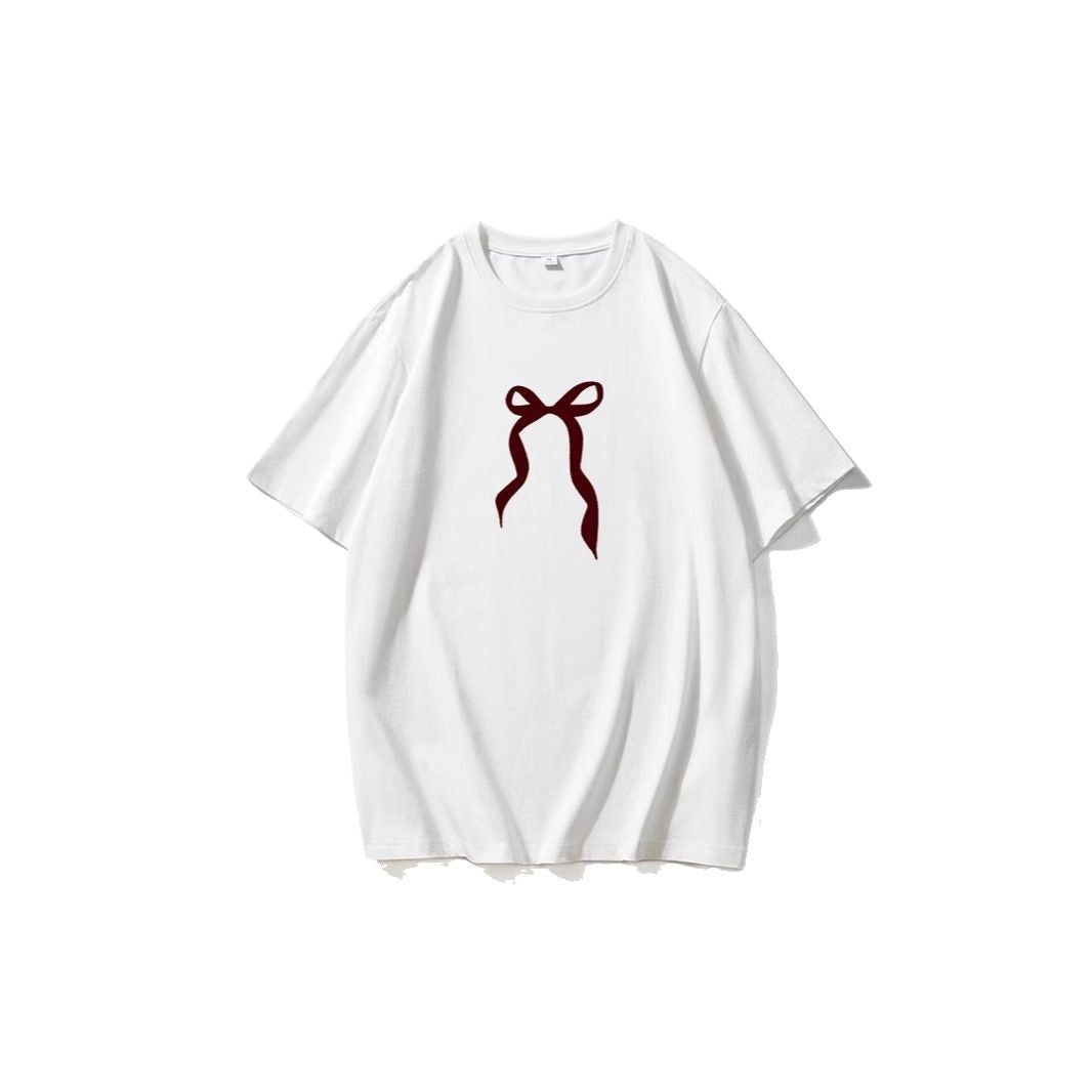 Retro Simplicity Bowknot Printed T shirt Women Summer Loose round Neck Cotton Short Sleeve