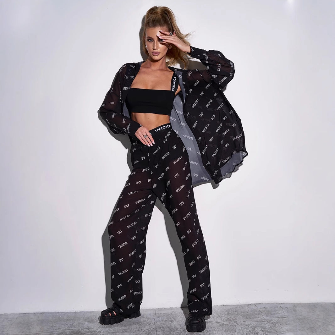Printed Chiffon Trousers Women Spring Summer Sunscreen Shirt Outfit Casual Two Piece Sets Women