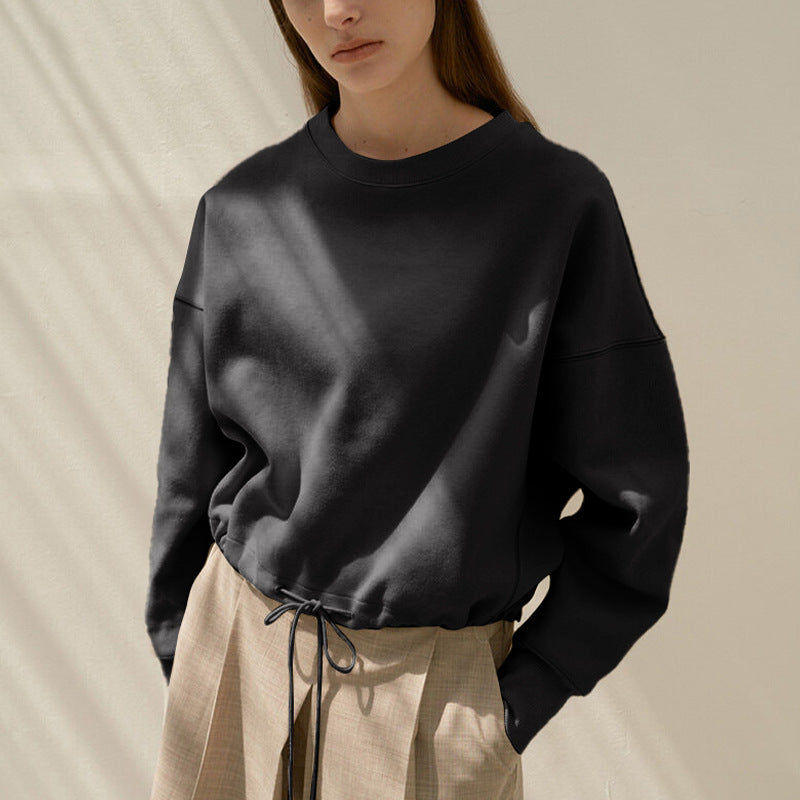Short Sweatshirt for Women Spring Drawstring Waist Tight Design Loose Casual Running Sports Pullover Top