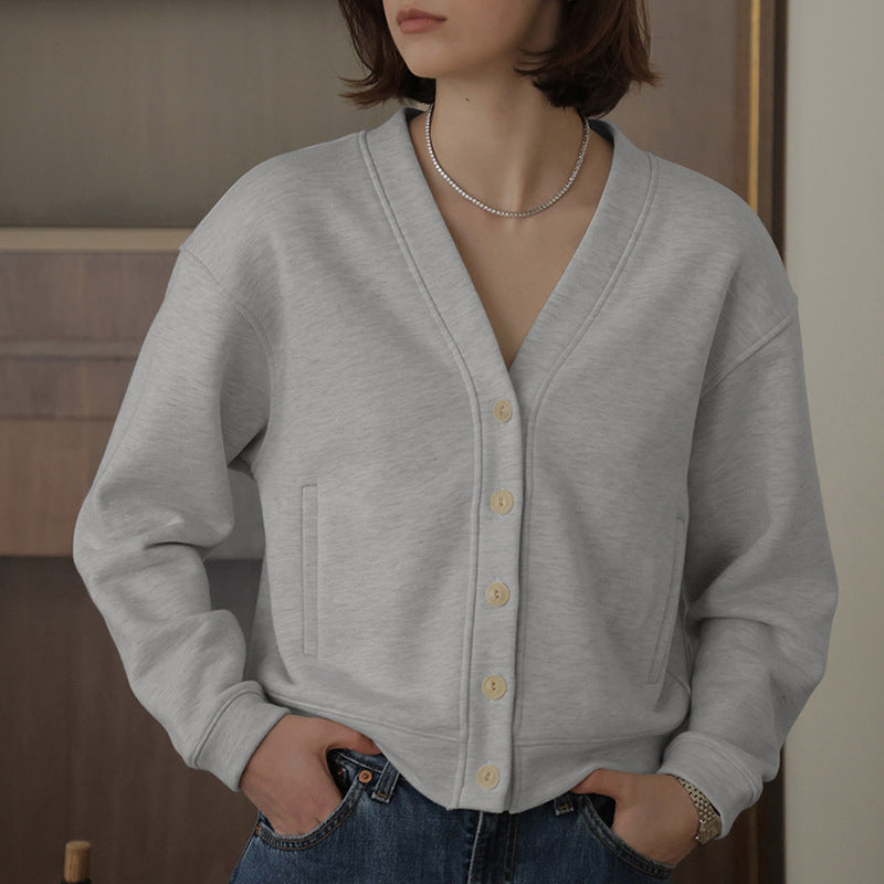 Autumn Winter Classic French V neck Sweatshirt Cardigan Retro Affordable Luxury Hong Kong Pure Cotton Comfortable Niche High End Top