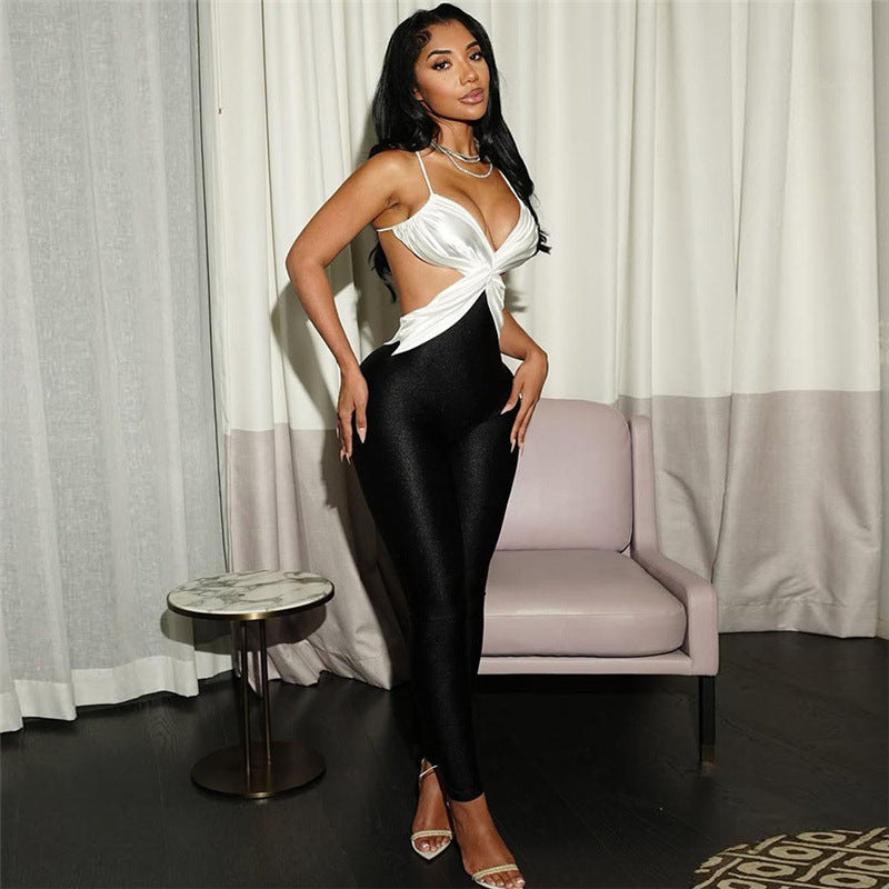 Summer Women Clothes Sexy Backless Contrast Color High Waist Tight Slimming One Piece Trousers