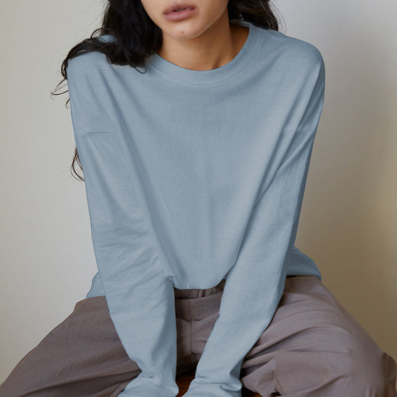 Autumn Winter Wild Heavy Hibiscus Cotton Double Sided round Neck T shirt Long Sleeve Brushed Office Casual Solid Color Outerwear Bottoming Shirt