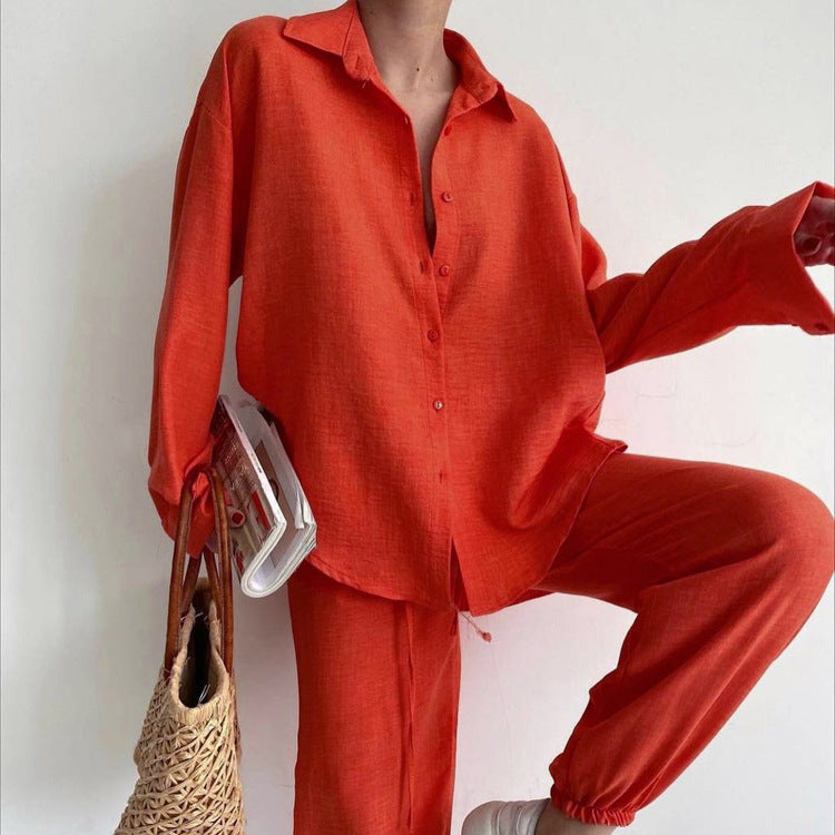 Casual Suit Solid Color Polo Collar Long Sleeve Shirt Top Pants Two-Piece Set