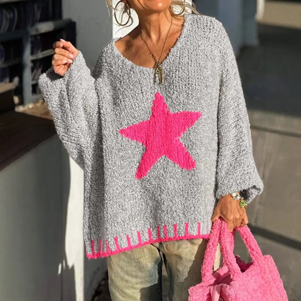 Autumn Pattern Women Sweater Casual Loose Circle Yarn V neck Sweater