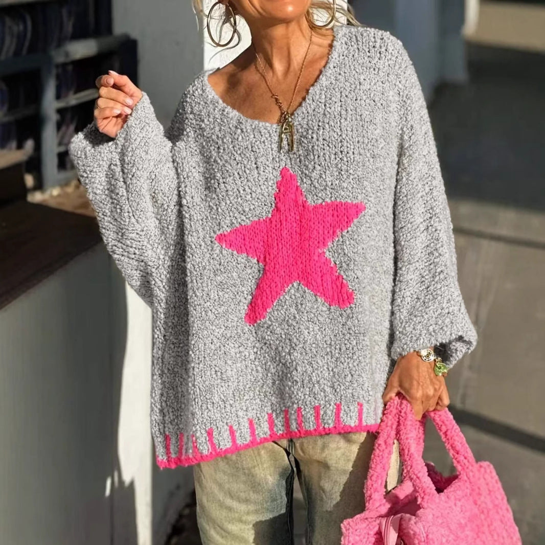 Autumn Pattern Women Sweater Casual Loose Circle Yarn V neck Sweater