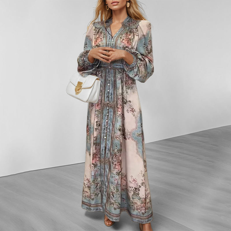 Women Clothing Elegant V neck Printed Long Sleeve Dress
