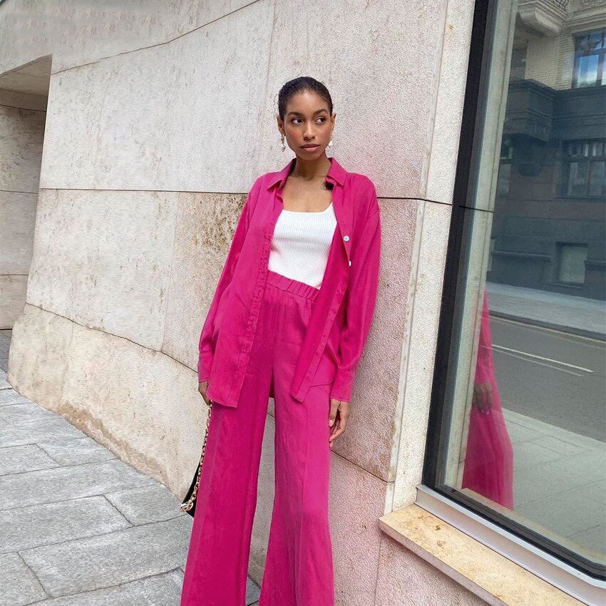 Early Spring Women Clothing Satin Shirt Office Draping Silky Straight-Leg Trousers Simple Casual Suit