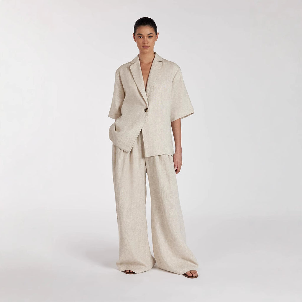 Spring Summer Linen Office Women Collared Half Sleeve Cardigan Top Loose Wide Leg Pants Two Piece Set
