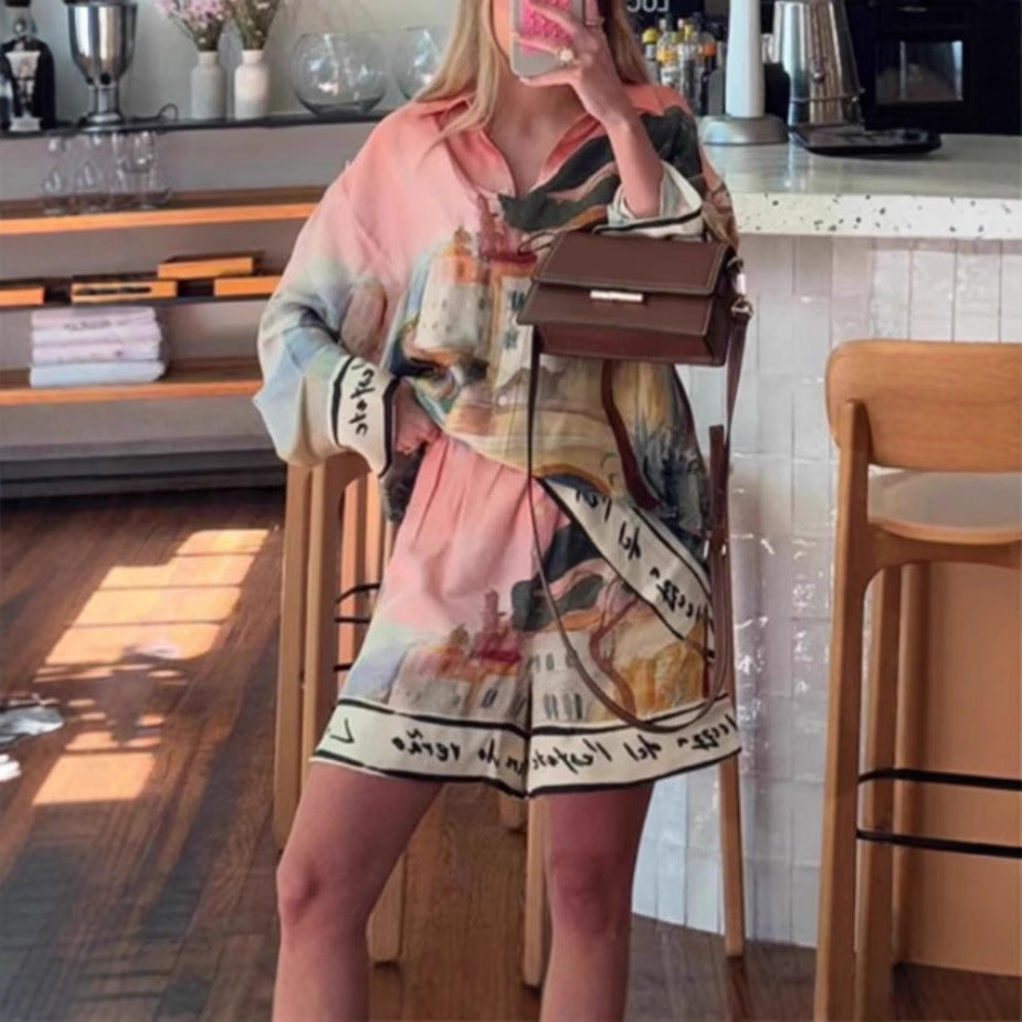 Autumn Printed Shirt Shorts Two Piece Sets Women