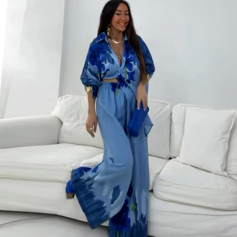 Summer Ink Painting Positioning Printed Long Sleeved Top Wide Leg Pants Two Piece Set