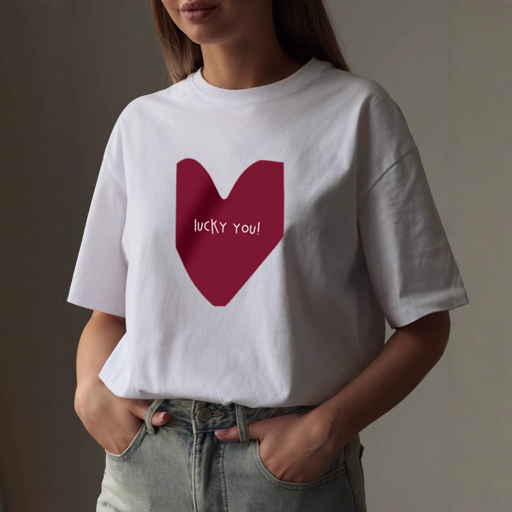 Simple Heart Printing T-shirt Women Summer Loose round Neck Cotton Short Sleeve Top