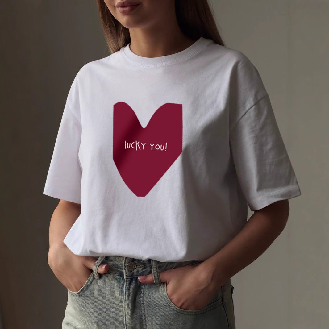 Simple Heart Printing T-shirt Women Summer Loose round Neck Cotton Short Sleeve Top