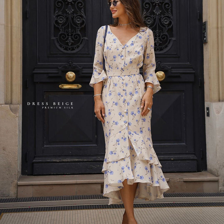 French Asymmetric Design V neck Flared Sleeves Floral Elegant High Waist Dress Women