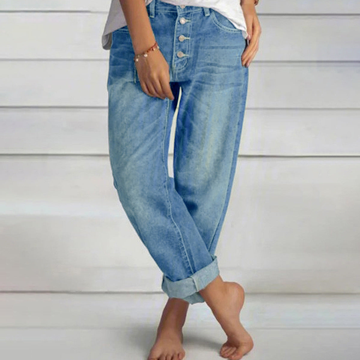 Women Clothing Autumn Washed Denim Wide Leg All Matching Jeans Straight Leg Pants Trousers Women