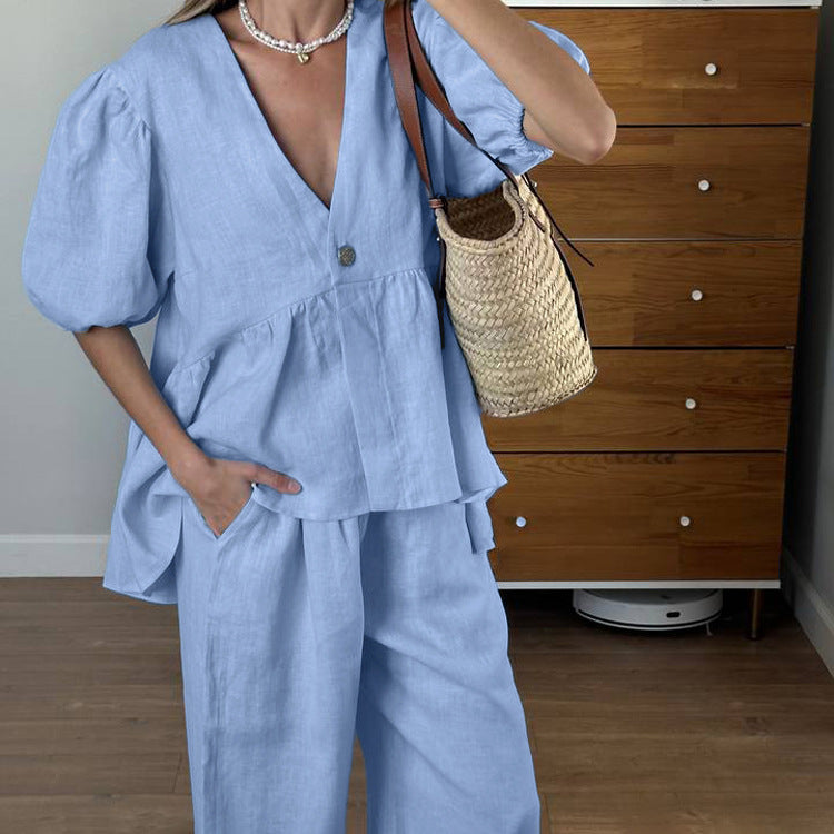Women Clothing V neck Puff Sleeve Cardigan Top Wide Leg Pants Two Piece Set Spring Summer Cotton Office Sets