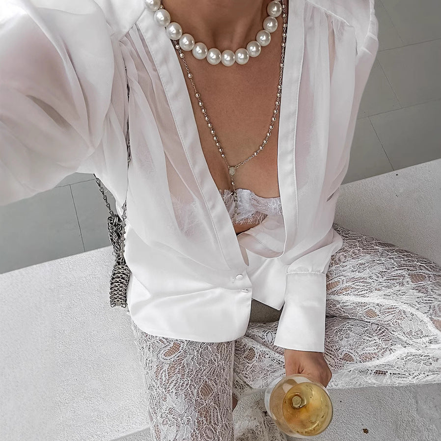 French Thin Sexy Deep V Plunge Tencel Yarn Waist Trimming Shirt Spring Summer Top for Women