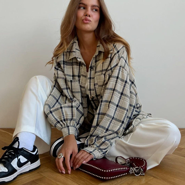 Retro Long Sleeved Pocket Plaid Women Shirt All Match Collared Loose Shirt