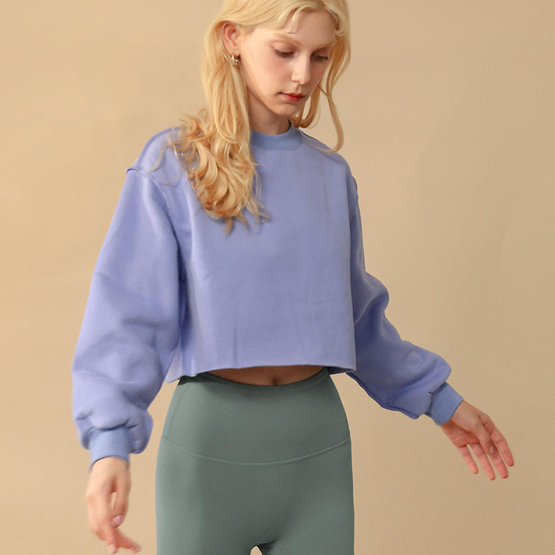 Fleece Lined Long Sleeved Fitness Yoga Wear Top Sports Cropped Short Sweatshirt Women
