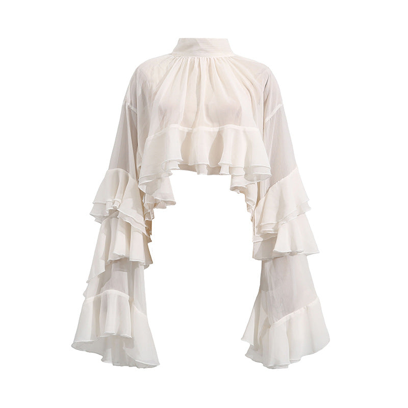 Fashionable Casual Shirt for Women Summer Elegant Mesh Wooden Ear Design Long Sleeve Top