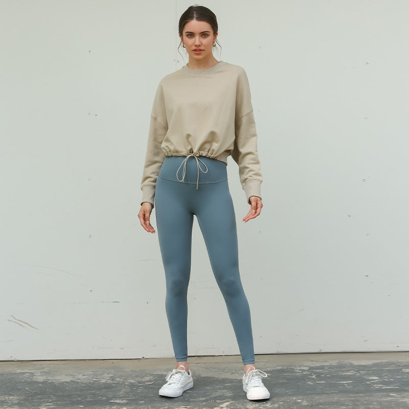 Short Sweatshirt Pure Cotton Cinched Drawstring Sports Yoga Pullover Top