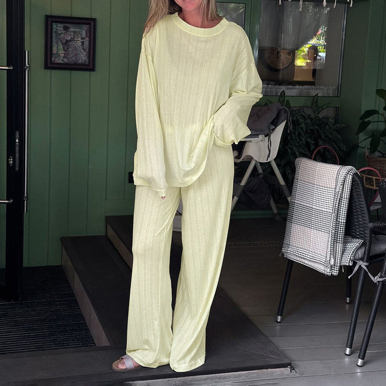 Jacquard Comfortable Lazy Set Women Solid Color round Neck Loose Long Sleeve Top Trousers Two Piece Set