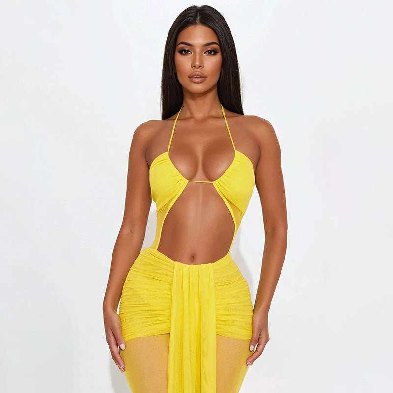 Women Clothing Spring Summer Halter Cropped Outfit Mesh Drawstring Sheer Cutout Ribbon Jumpsuit
