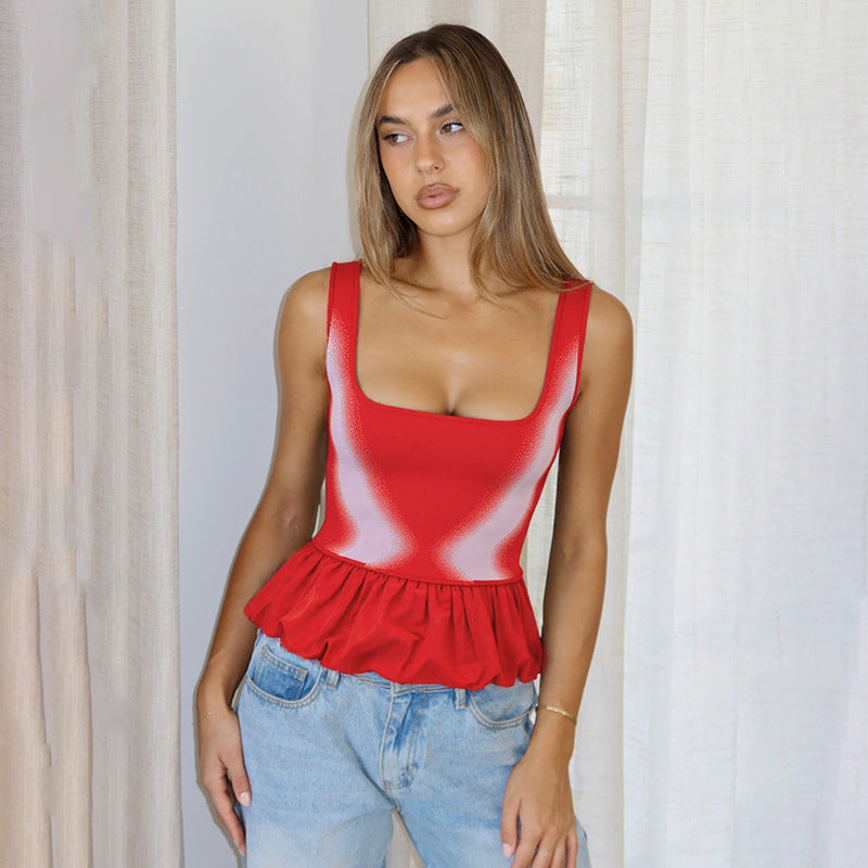 Women Clothing Summer Sexy Casual Slim Sleeveless Printing Color Contrast Top