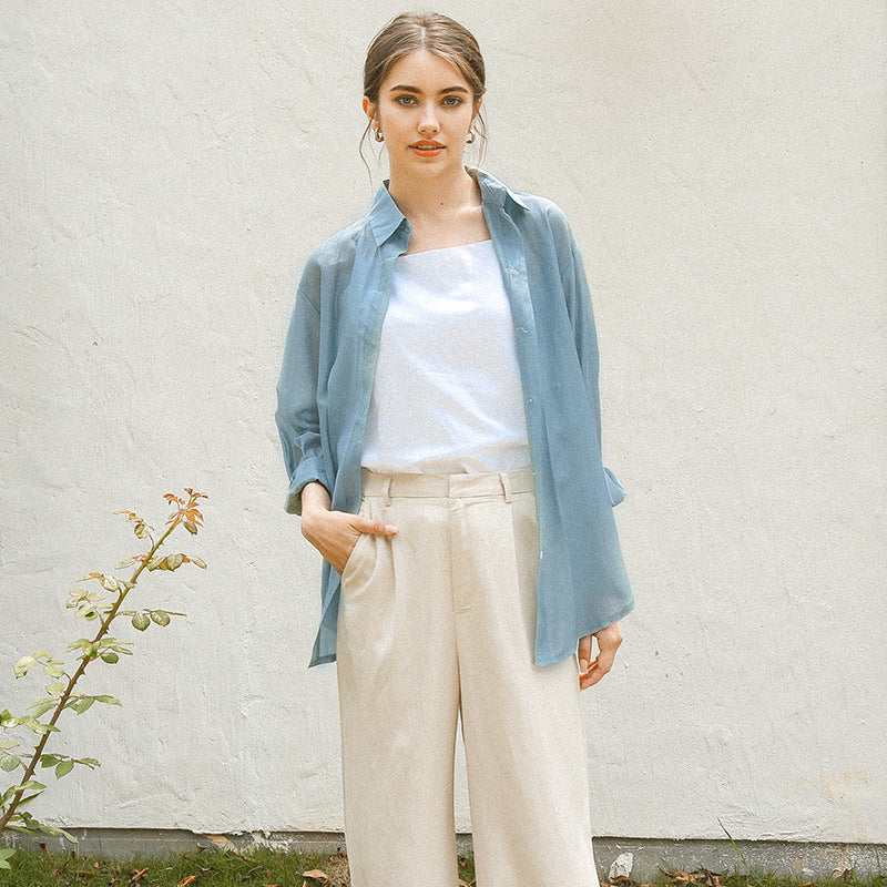 Back Lace Up Tencel Sun Protection Shirt Summer Lazy Wind Micro Transparent Long Sleeve Loose Cardigan Top
