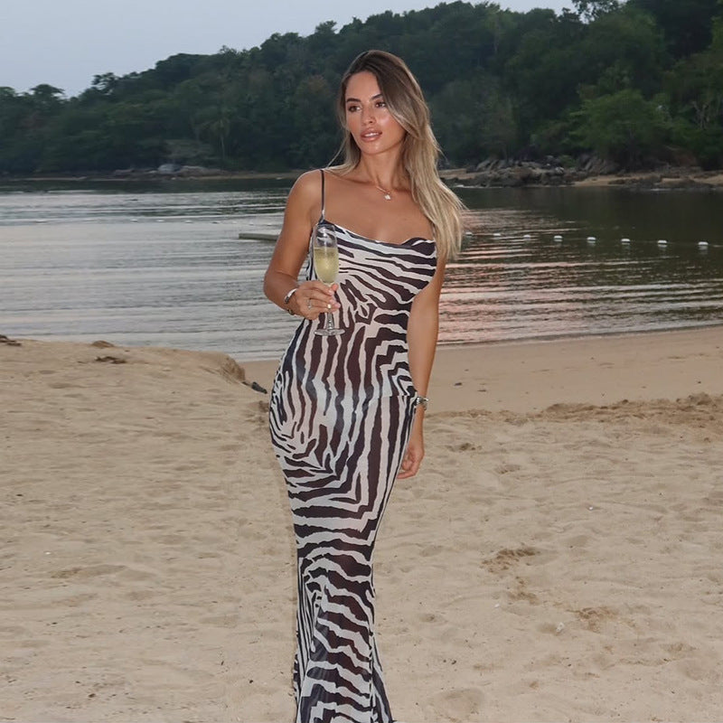 Strap Zebra Print Backless Lace up Dress Summer Sheath Dress