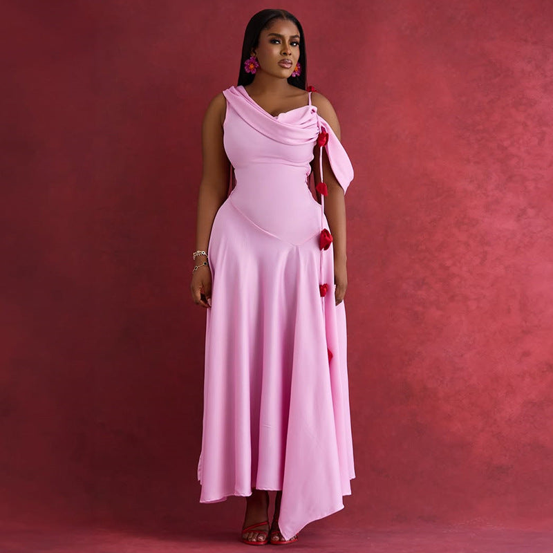 Women Clothing Summer Dignified Sense of Design off the Shoulder Mid Length Slim Strap Dress