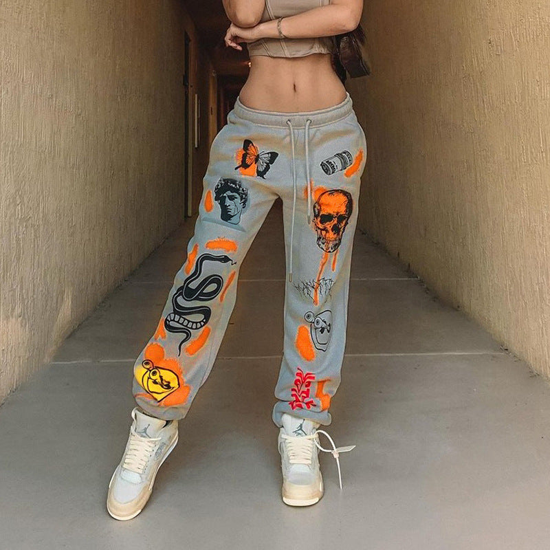 Women Cartoon Harajuku Print Jogger Pants Drawstring Tooling Street Casual Sports Pants Autumn Winter