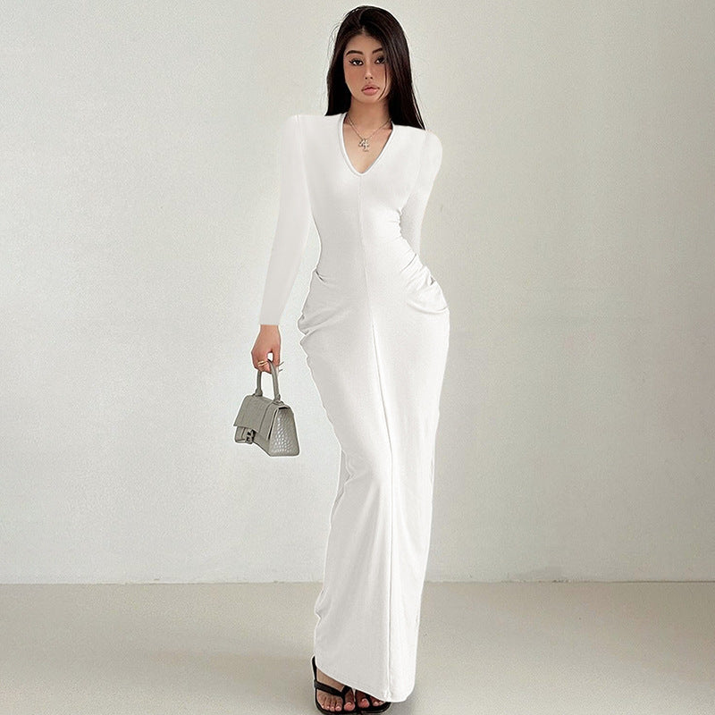 Sexy Long Sleeve V neck Adult Lady like Woman Pleated Waist Tight Slimming Dress