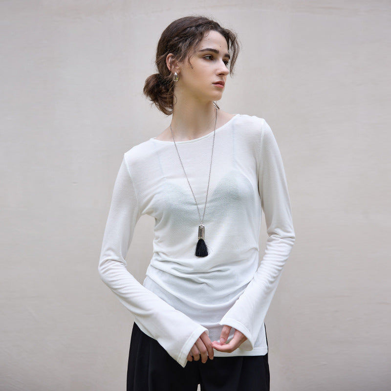 Round Neck Long Sleeve T shirt Autumn Irregular Asymmetric Pleated Furcal Lower Hem Design Advanced Slimming Women Wear Woolen Sweater
