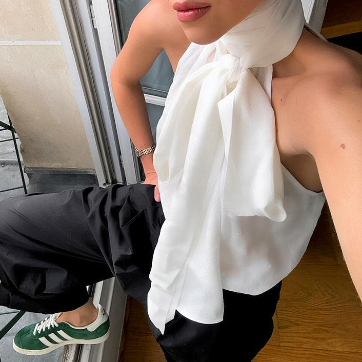 French Chiffon Elegant Sleeveless Turtleneck Halter Lace up Inner Vest Summer Women Wear