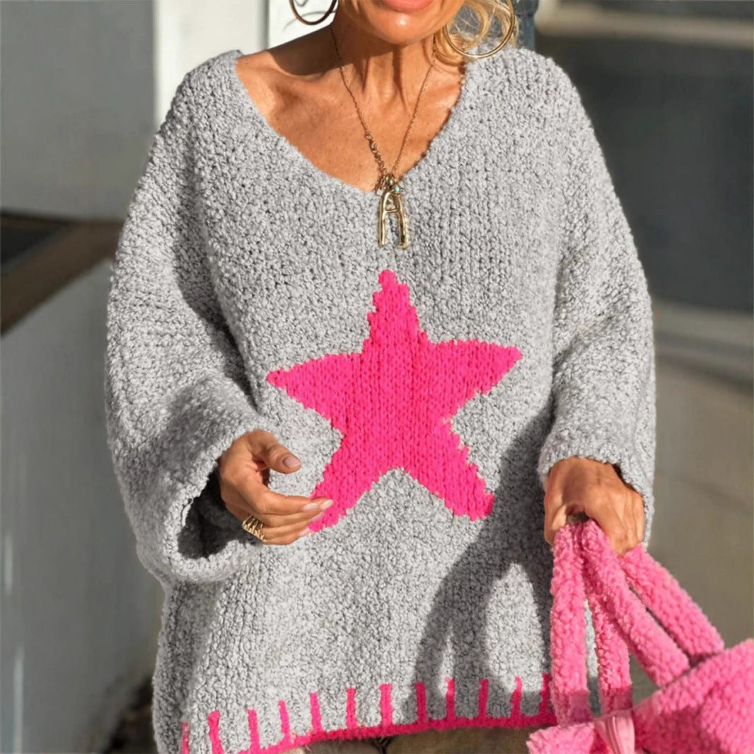 Autumn Pattern Women Sweater Casual Loose Circle Yarn V neck Sweater