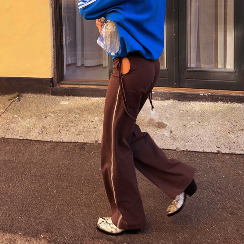 Simple Striped Contrast Color Straight Casual Mopping Trousers Women Clothing