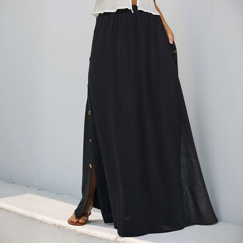 Black Pocket Dress Women Clothing Casual Office Button Skirt