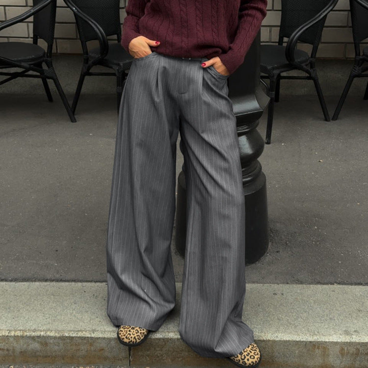 Retro Casual Pants Women Office Design High Waist Loose Striped Straight Work Pant