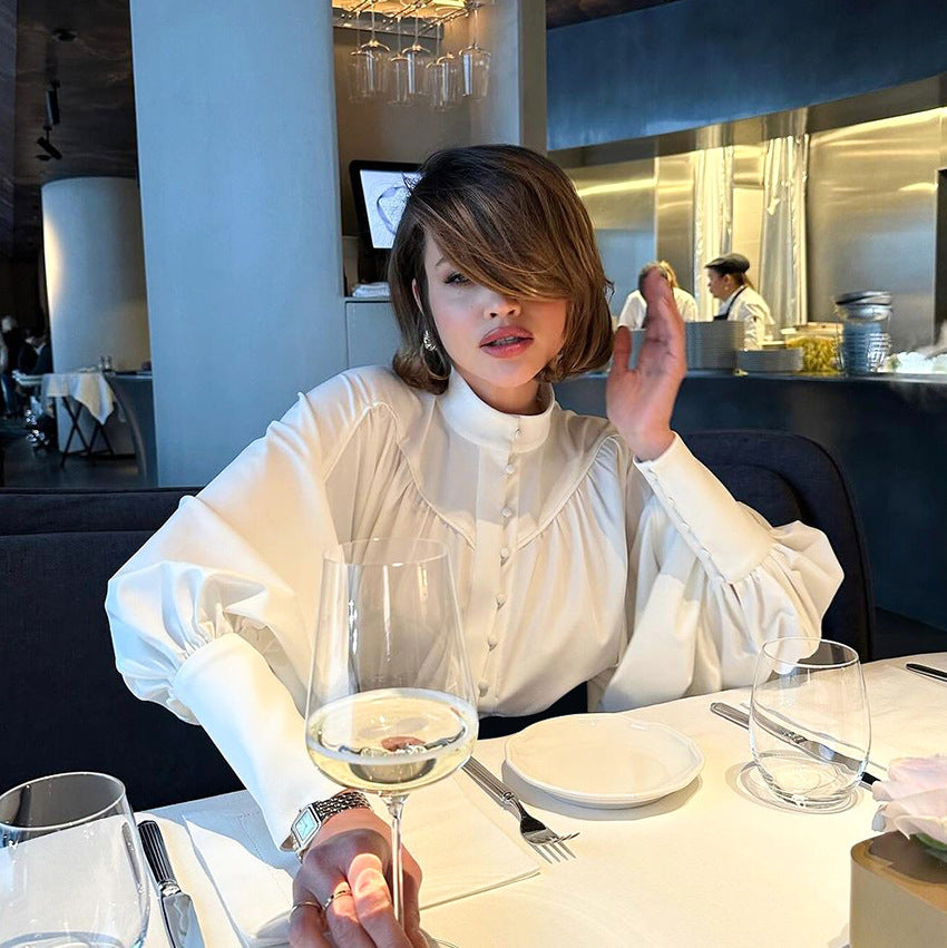 Autumn Winter White Casual Elegant Loose Small Stand up Collar Puff Sleeve Pleated Office Women Shirt