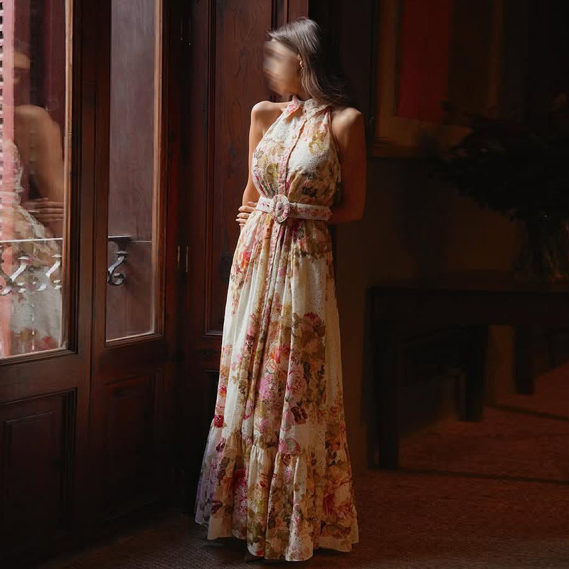 Retro French Floral Print Maxi Dress Summer Sleeveless Collared Waist Tight Single Breasted Dress Women