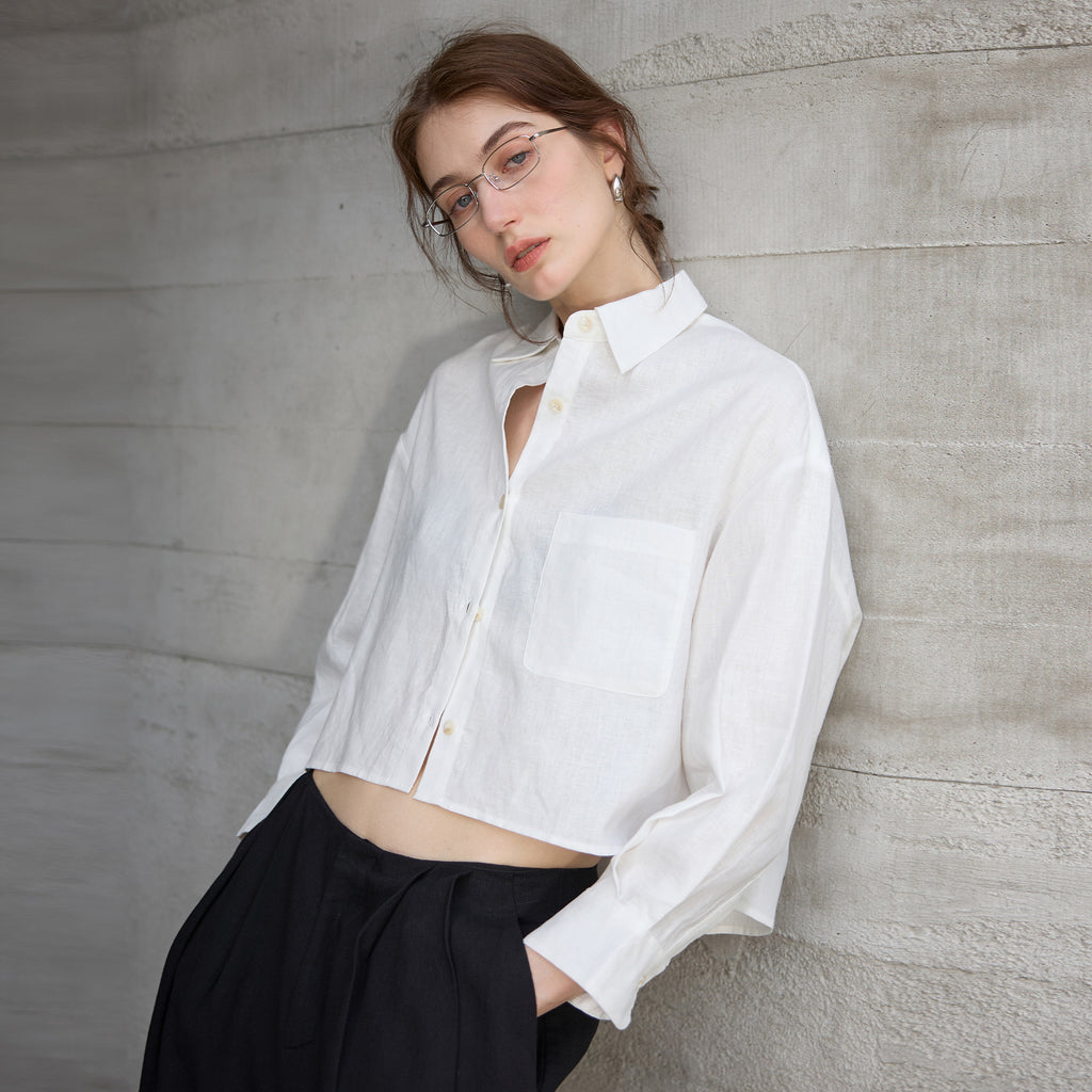 Pure Linen Long Sleeve Short Shirt for Women Office Solid Color Loose Cardigan Top Summer French Shirt
