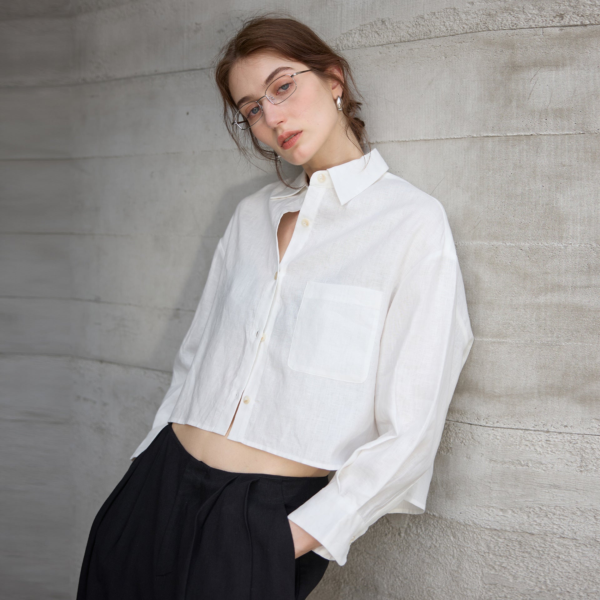 Pure Linen Long Sleeve Short Shirt for Women Office Solid Color Loose Cardigan Top Summer French Shirt