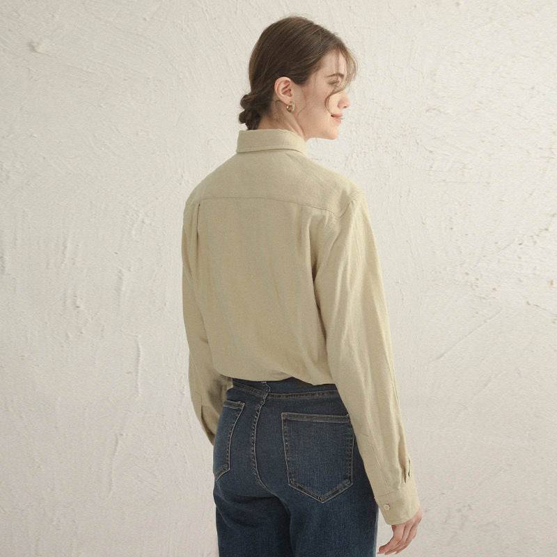 Autumn Winter Women Long Sleeve Simple Office Casual All Match Retro Pure Cotton Brushed Soft Flannel Shacket
