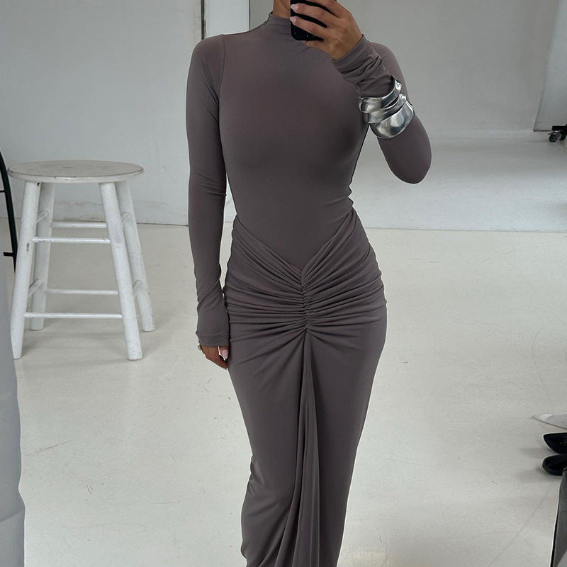 Autumn Winter Sexy Slimming Beam Waist Solid Color Maxi Dress Pleated Dress Women