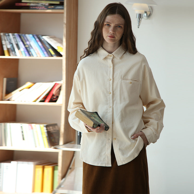 Autumn Winter Retro Elegant Corduroy Women Shirt French High Grade Loose Long Sleeve Collared Shirt for Women